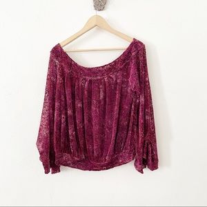 Free People Crushed Velvet Sheer Purple Off The Shoulder Blouse